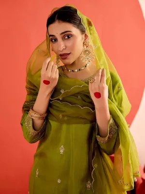 Mehendi Green Zardozi Embroidered Festive Kurta Set With Dupatta