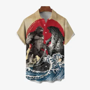 Men's Ancient Painting Ukiyo-E Godzilla Wars with Ocean Waves Short Sleeve Shirt 2311000391