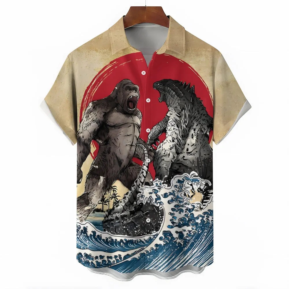 Men's Ancient Painting Ukiyo-E Godzilla Wars with Ocean Waves Short Sleeve Shirt 2311000391