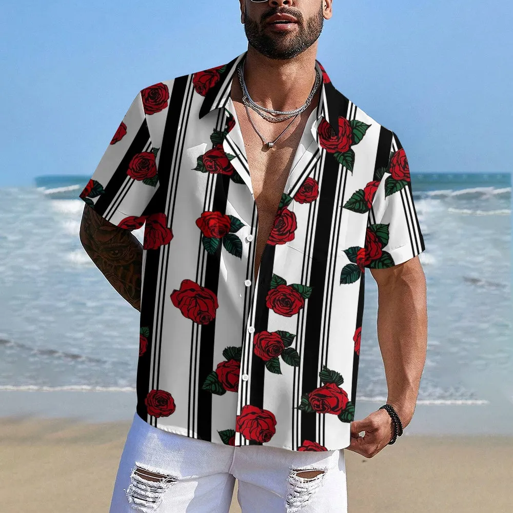 Men's Striped Rose Print Short Sleeves Shirt 2407002317