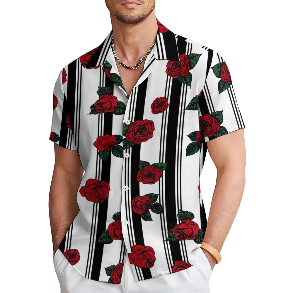 Men's Striped Rose Print Short Sleeves Shirt 2407002317