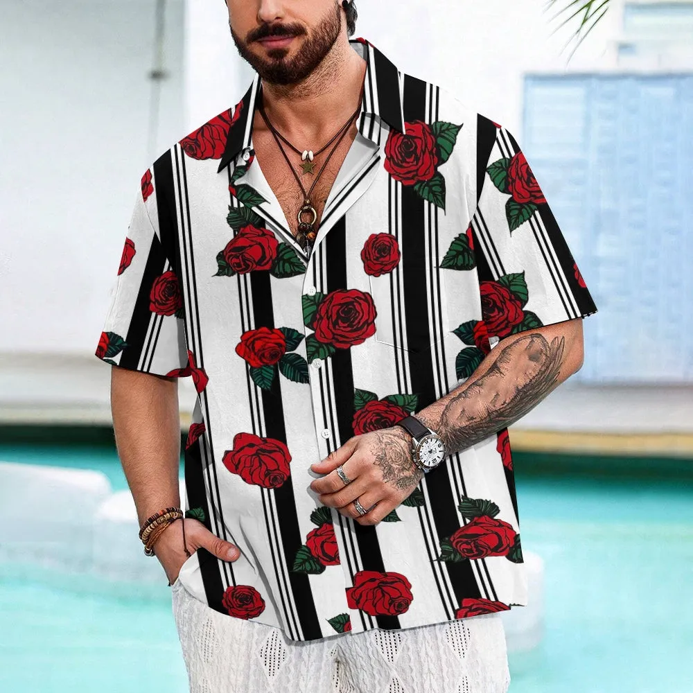 Men's Striped Rose Print Short Sleeves Shirt 2407002317