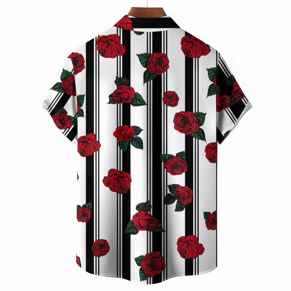 Men's Striped Rose Print Short Sleeves Shirt 2407002317