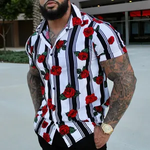 Men's Striped Rose Print Short Sleeves Shirt 2407002317