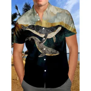 Men's Whales Pattern 3D Printed Short Sleeve Lapel Shirt