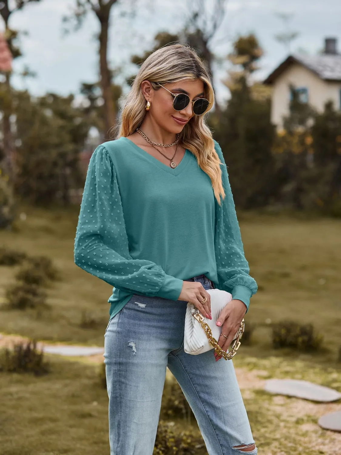 Monika Swiss Dot V-Neck Long Sleeve Blouse