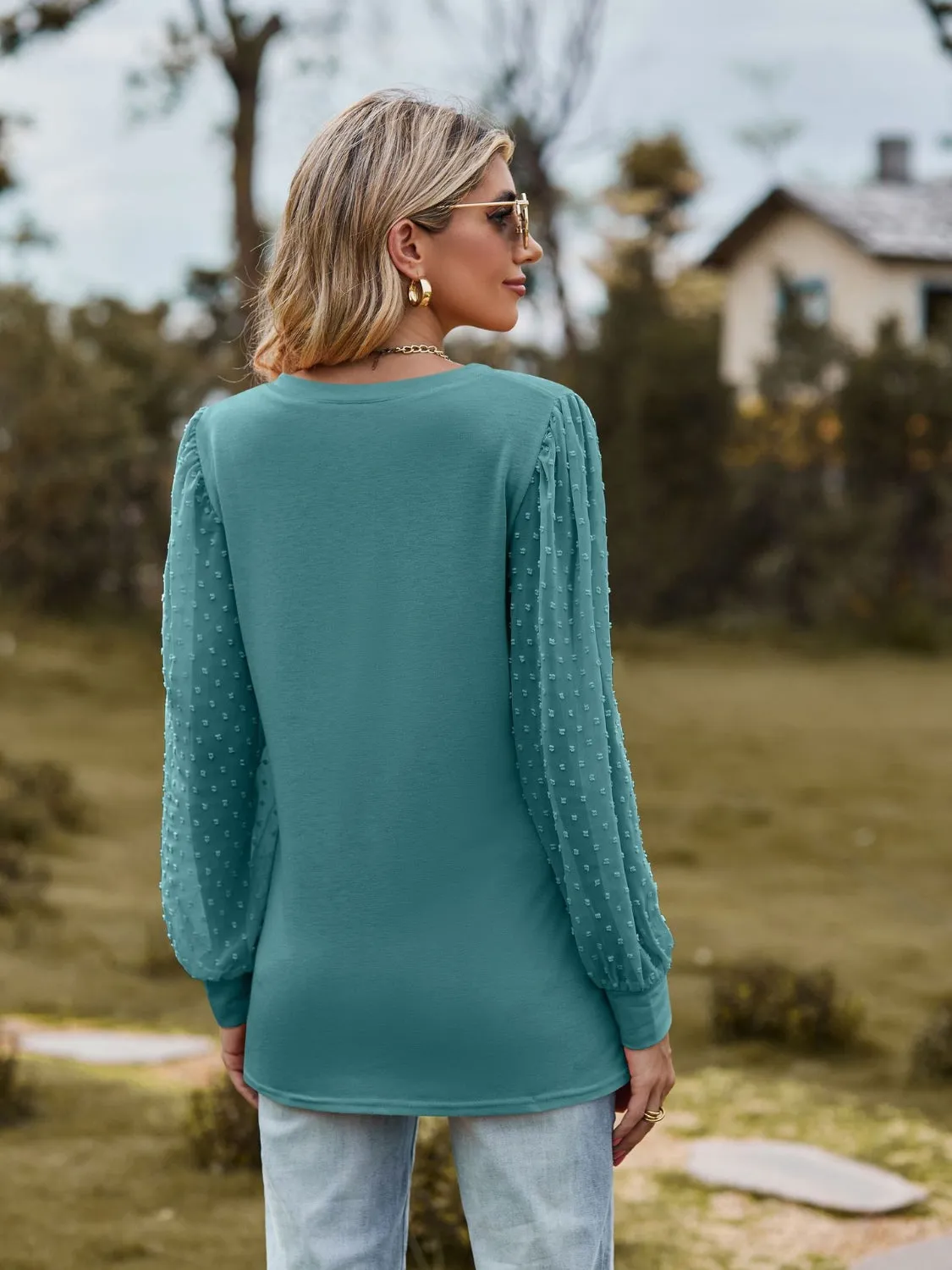 Monika Swiss Dot V-Neck Long Sleeve Blouse