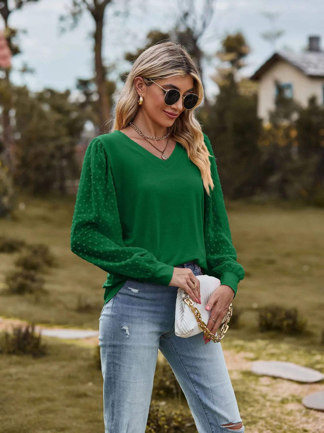 Monika Swiss Dot V-Neck Long Sleeve Blouse