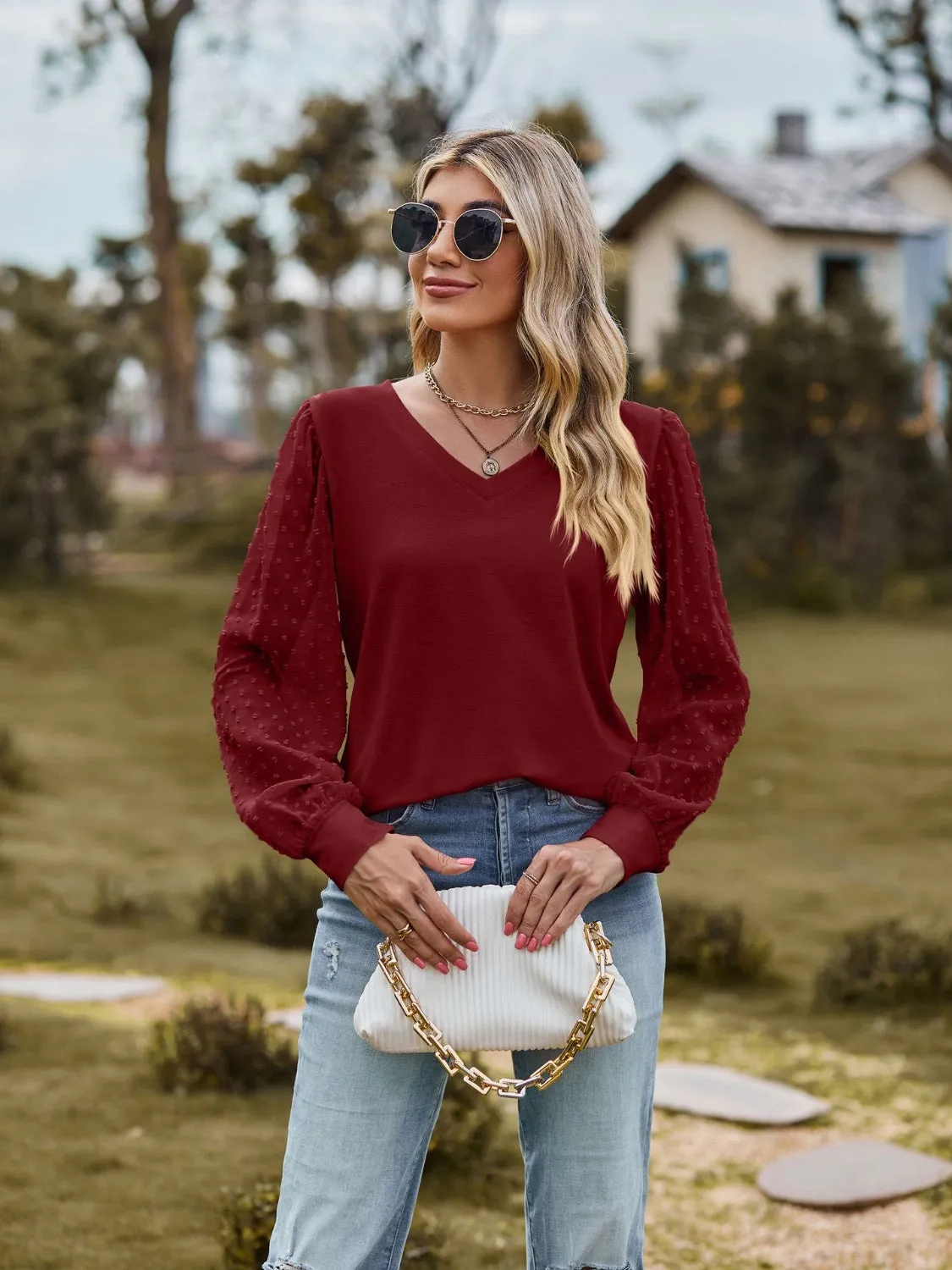 Monika Swiss Dot V-Neck Long Sleeve Blouse