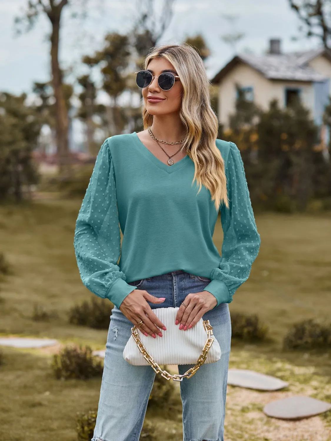 Monika Swiss Dot V-Neck Long Sleeve Blouse