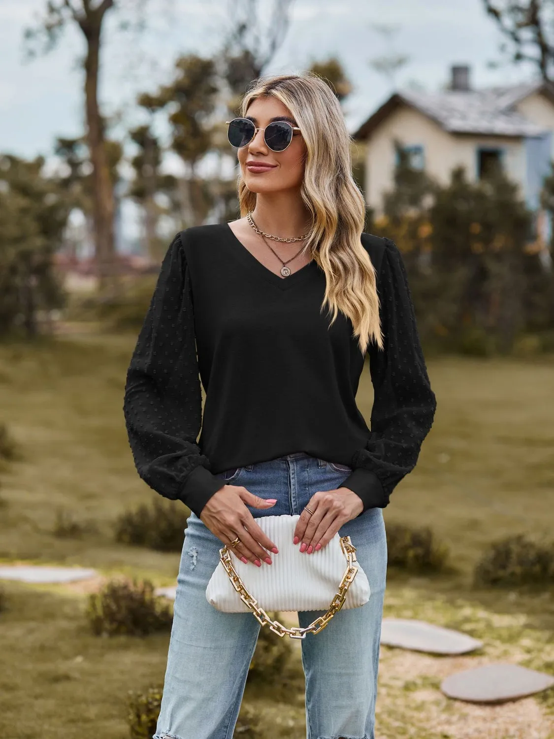 Monika Swiss Dot V-Neck Long Sleeve Blouse