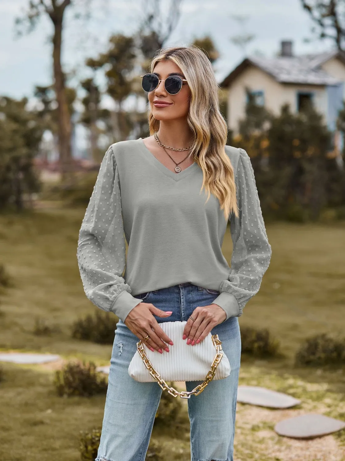 Monika Swiss Dot V-Neck Long Sleeve Blouse