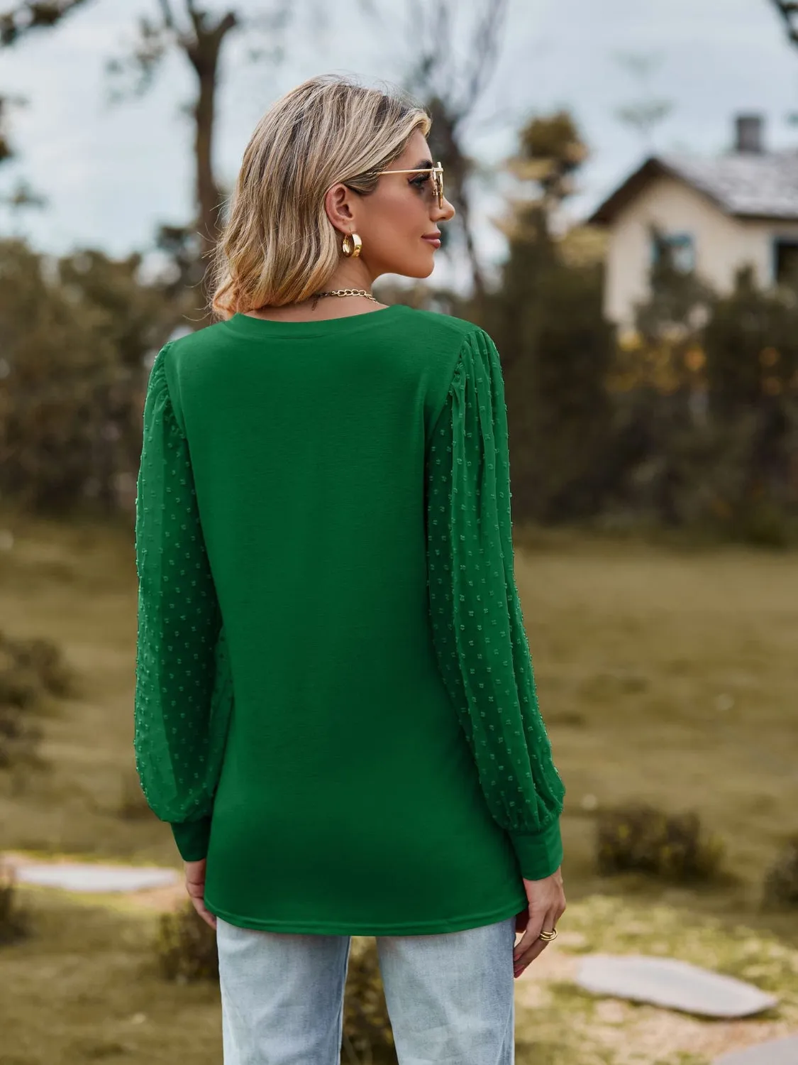 Monika Swiss Dot V-Neck Long Sleeve Blouse