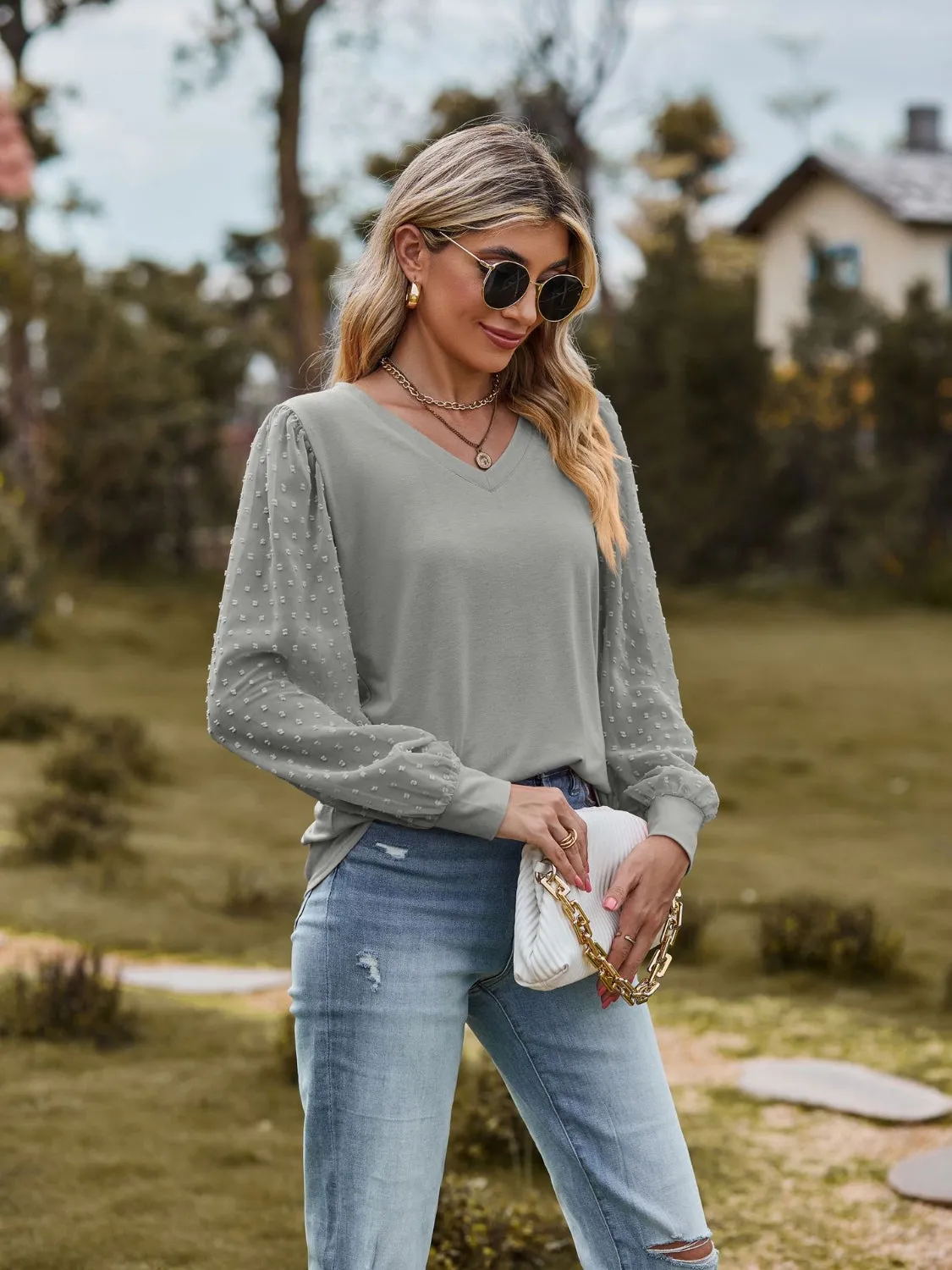Monika Swiss Dot V-Neck Long Sleeve Blouse