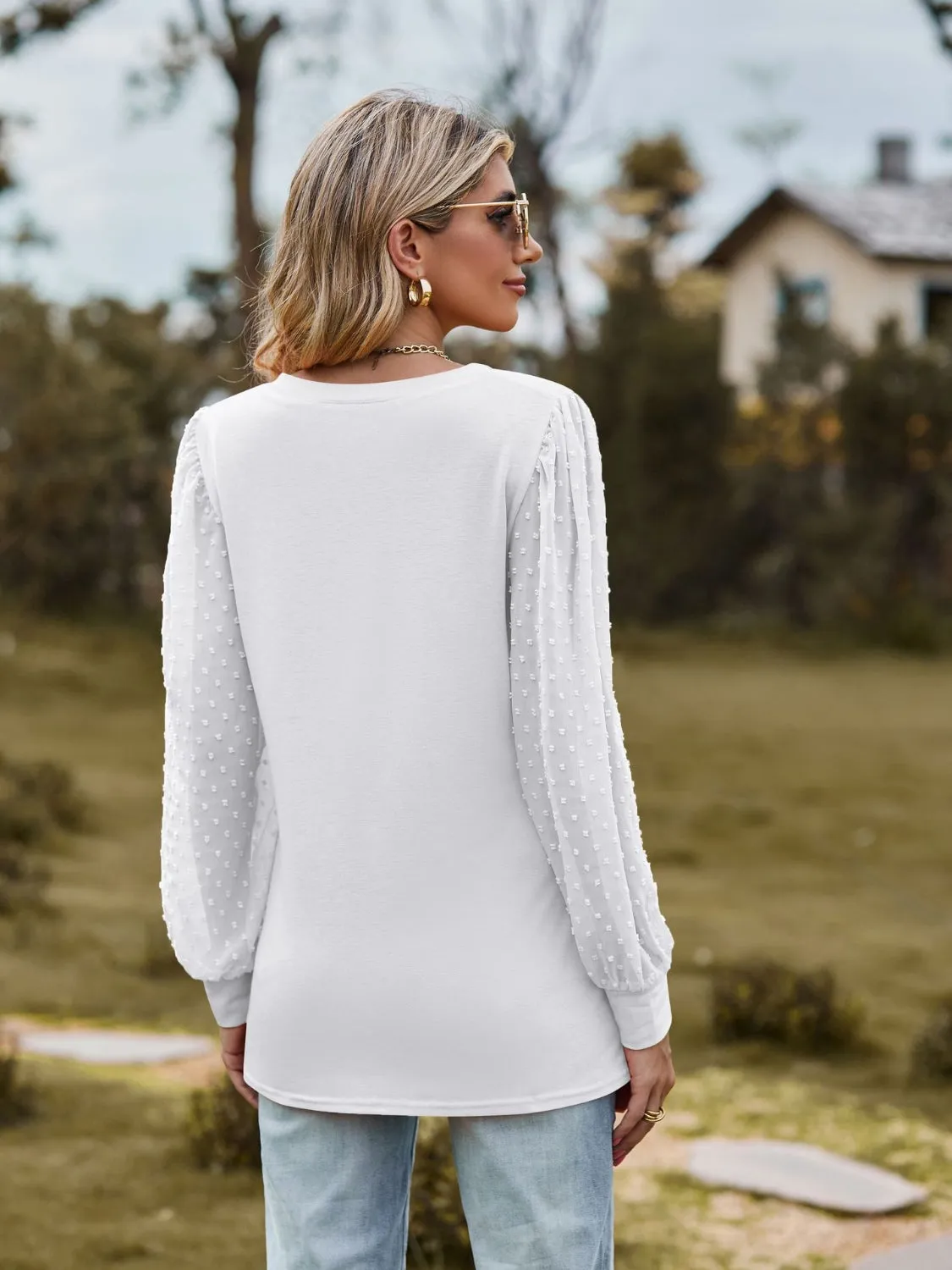 Monika Swiss Dot V-Neck Long Sleeve Blouse