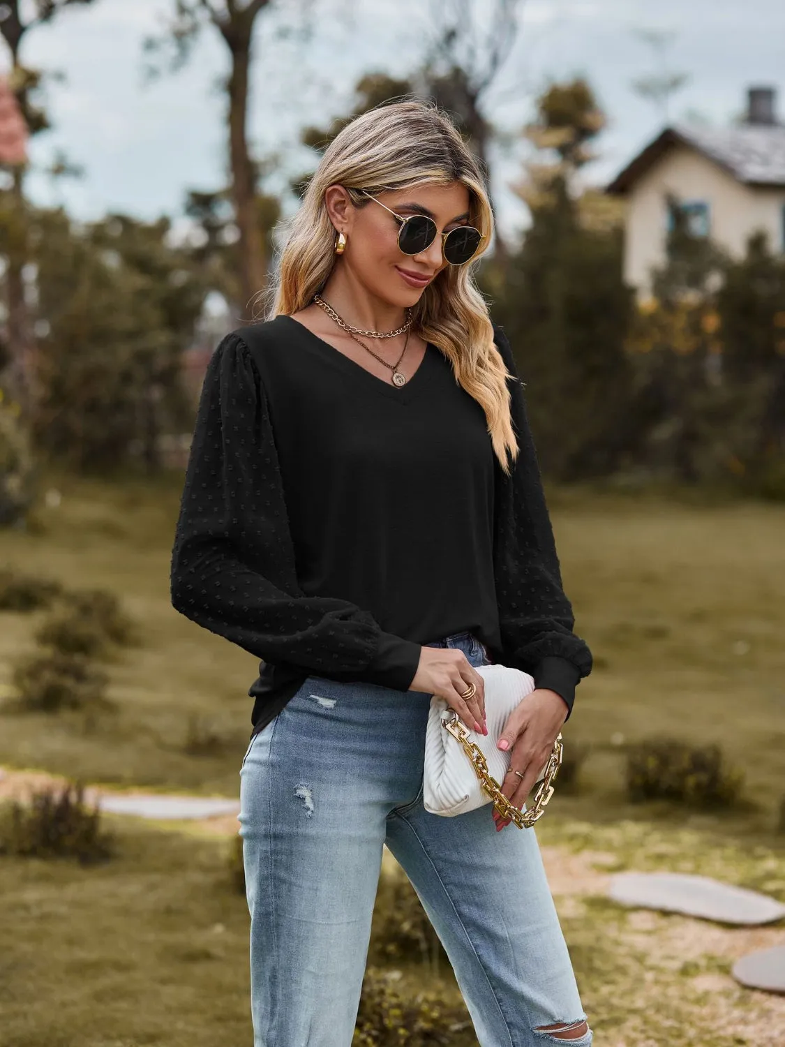 Monika Swiss Dot V-Neck Long Sleeve Blouse