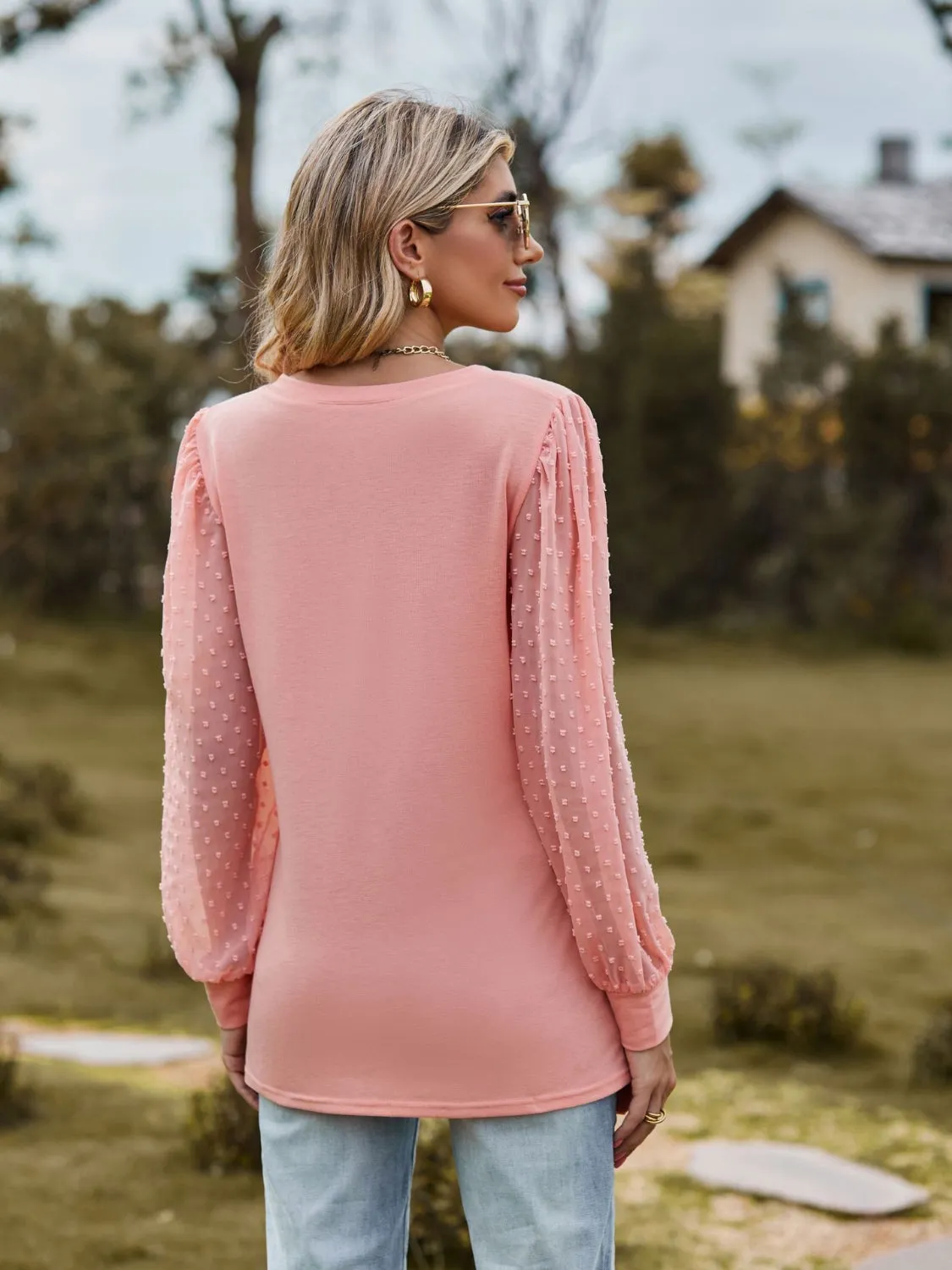 Monika Swiss Dot V-Neck Long Sleeve Blouse