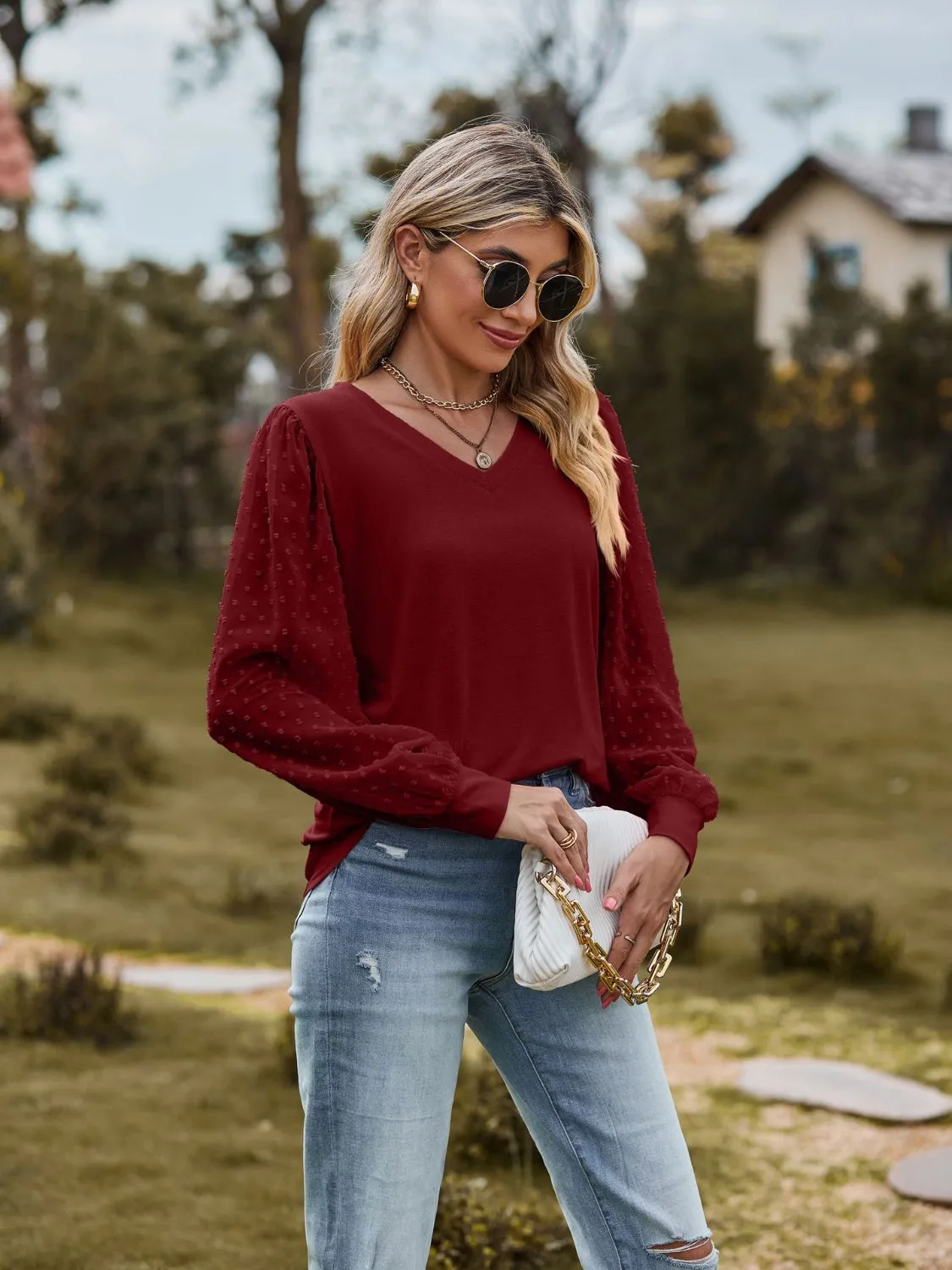 Monika Swiss Dot V-Neck Long Sleeve Blouse