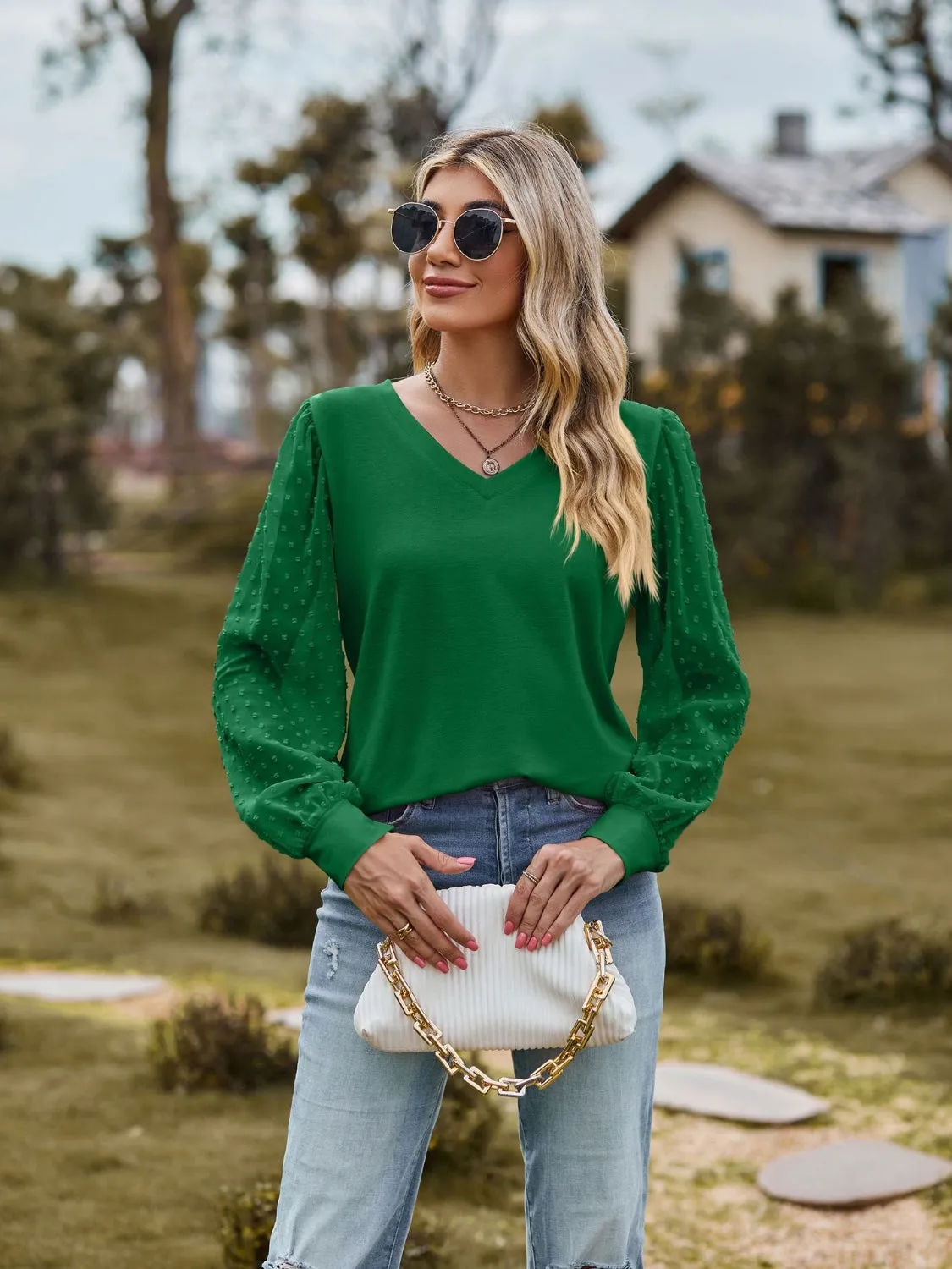 Monika Swiss Dot V-Neck Long Sleeve Blouse