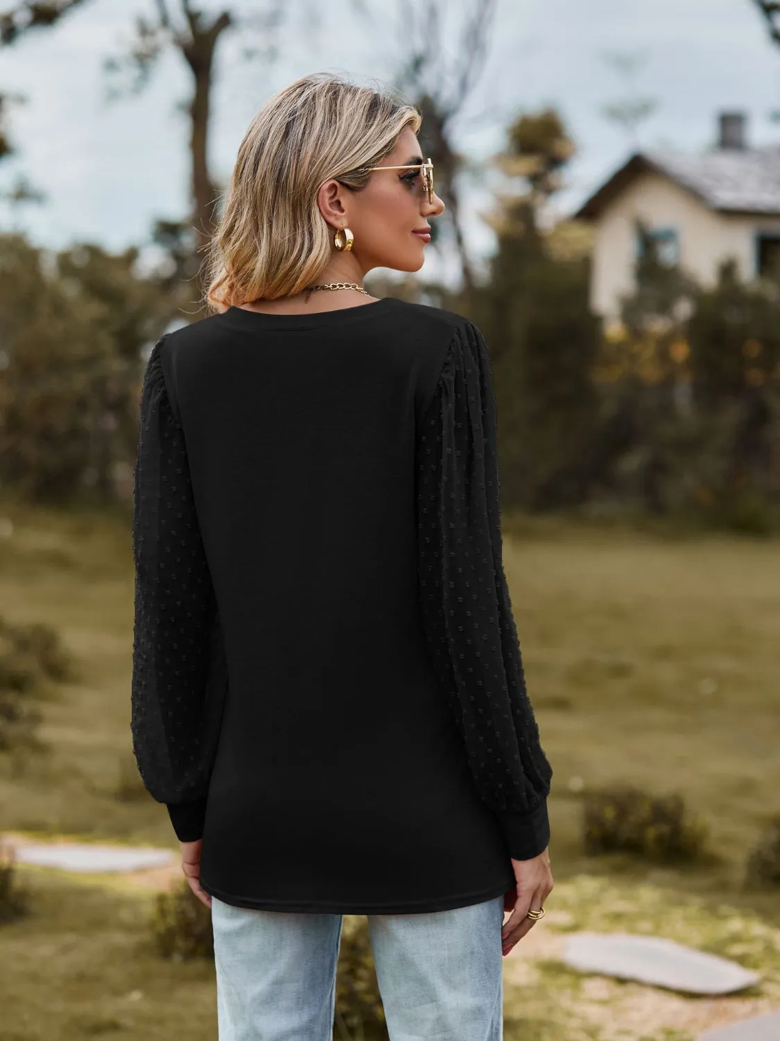 Monika Swiss Dot V-Neck Long Sleeve Blouse