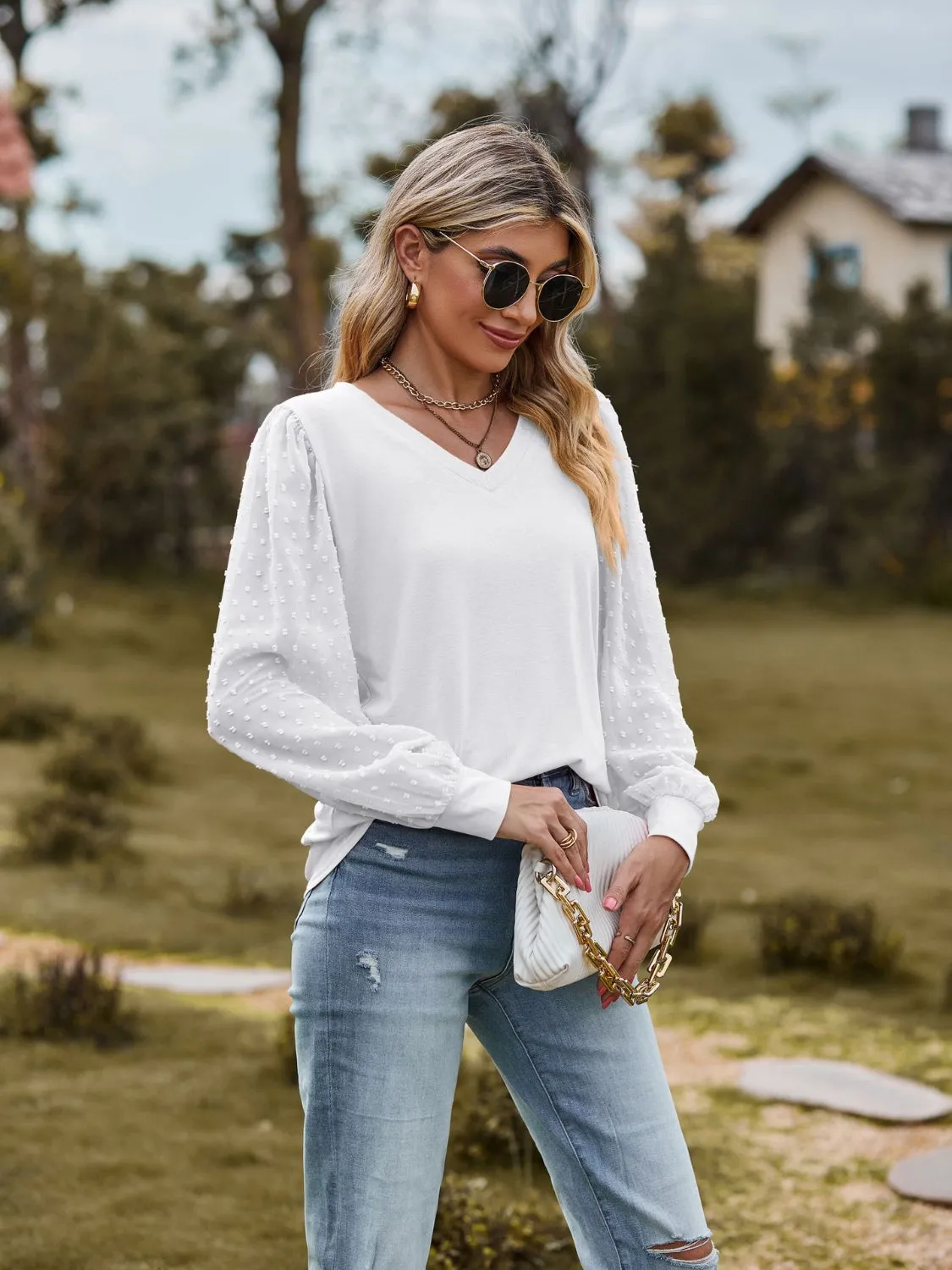 Monika Swiss Dot V-Neck Long Sleeve Blouse