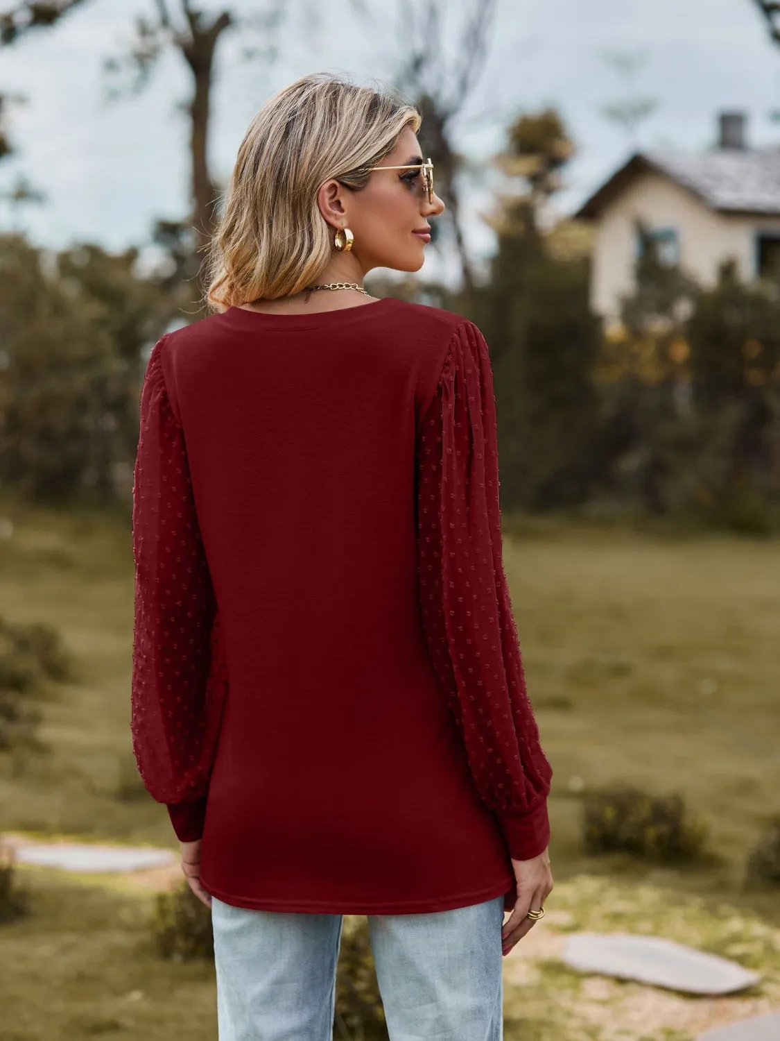 Monika Swiss Dot V-Neck Long Sleeve Blouse