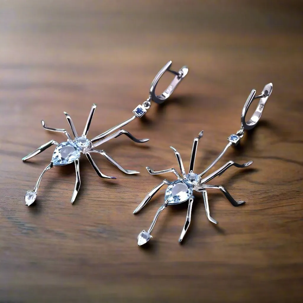 Natural Sky Blue Topaz Spider Vintage Drop Earrings