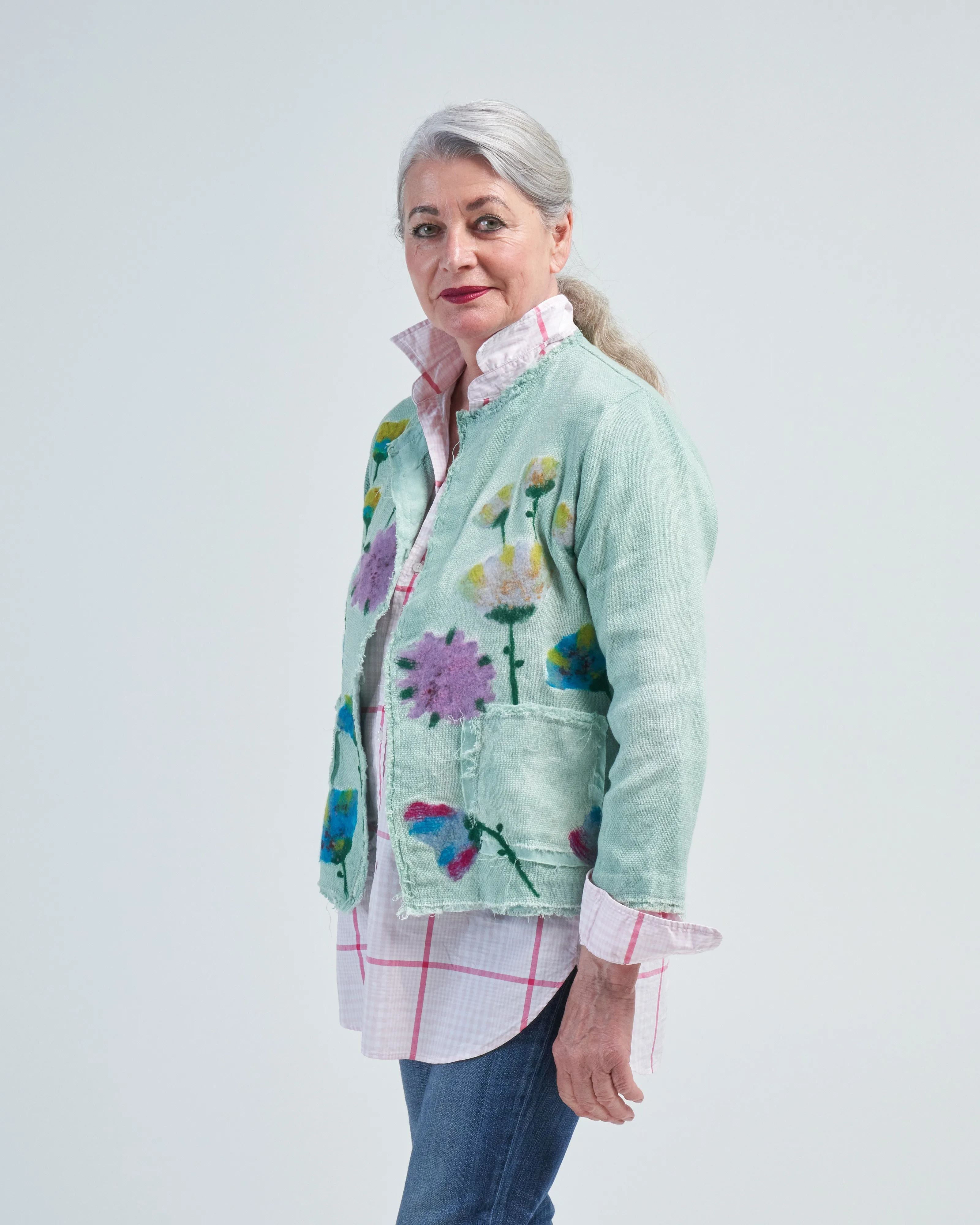 needle punch flowers micro mat stitch round neck jacket