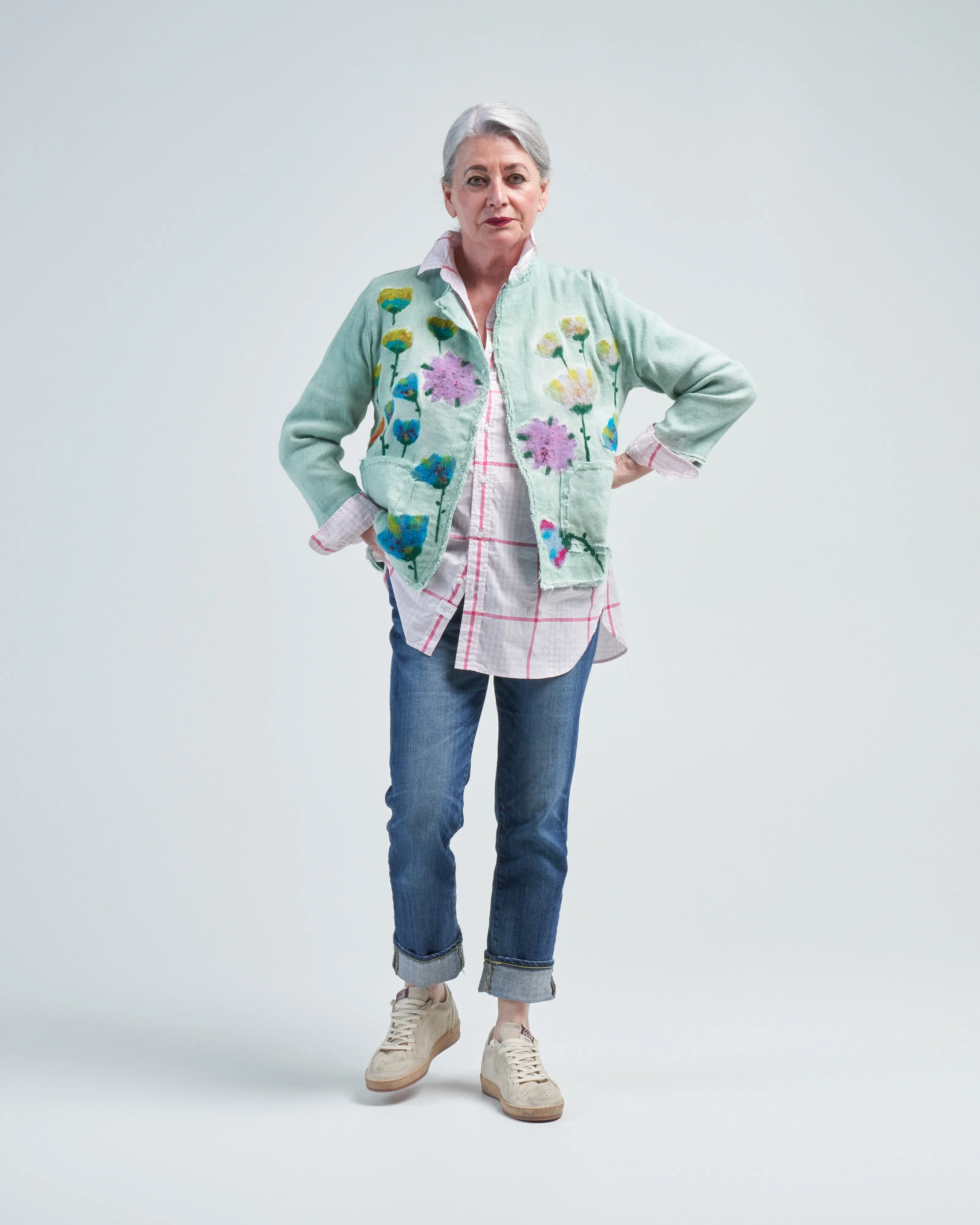 needle punch flowers micro mat stitch round neck jacket