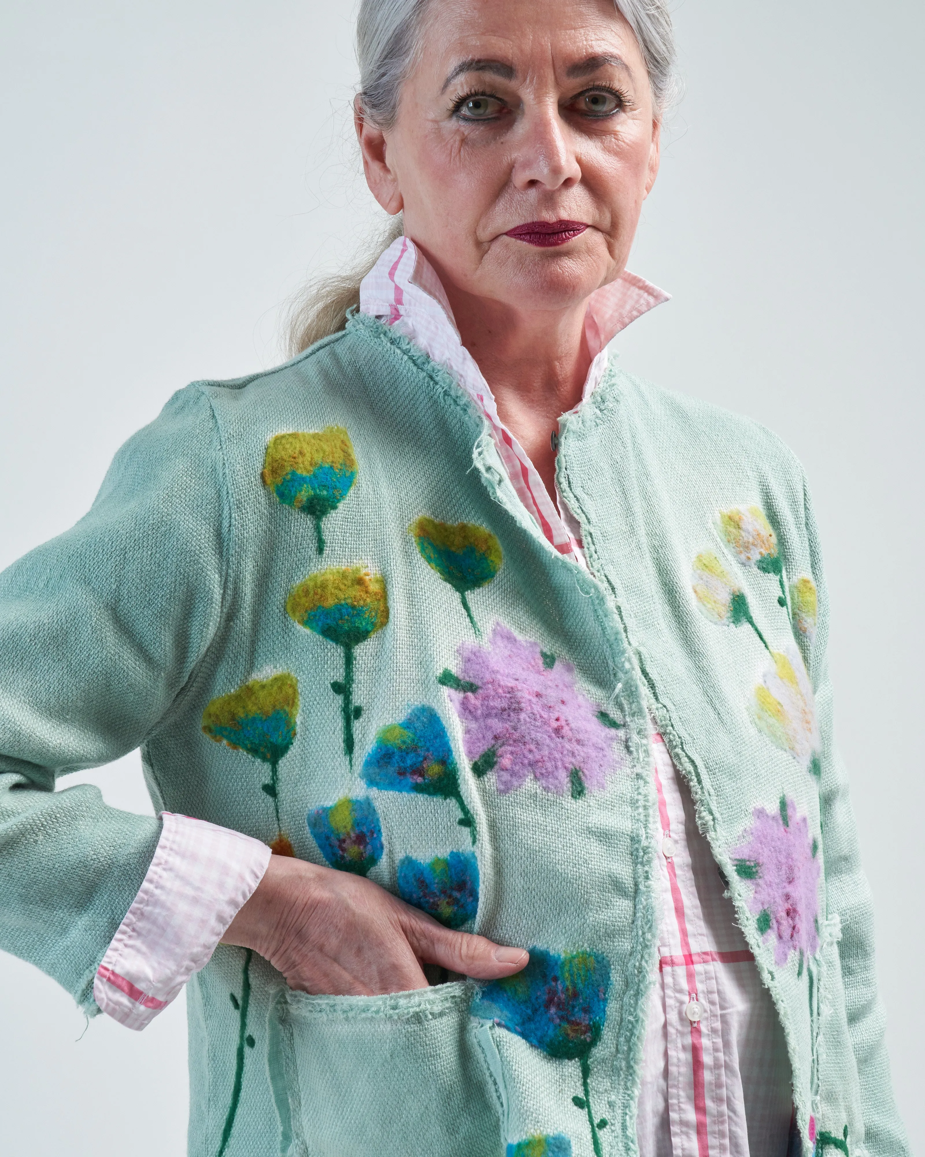 needle punch flowers micro mat stitch round neck jacket
