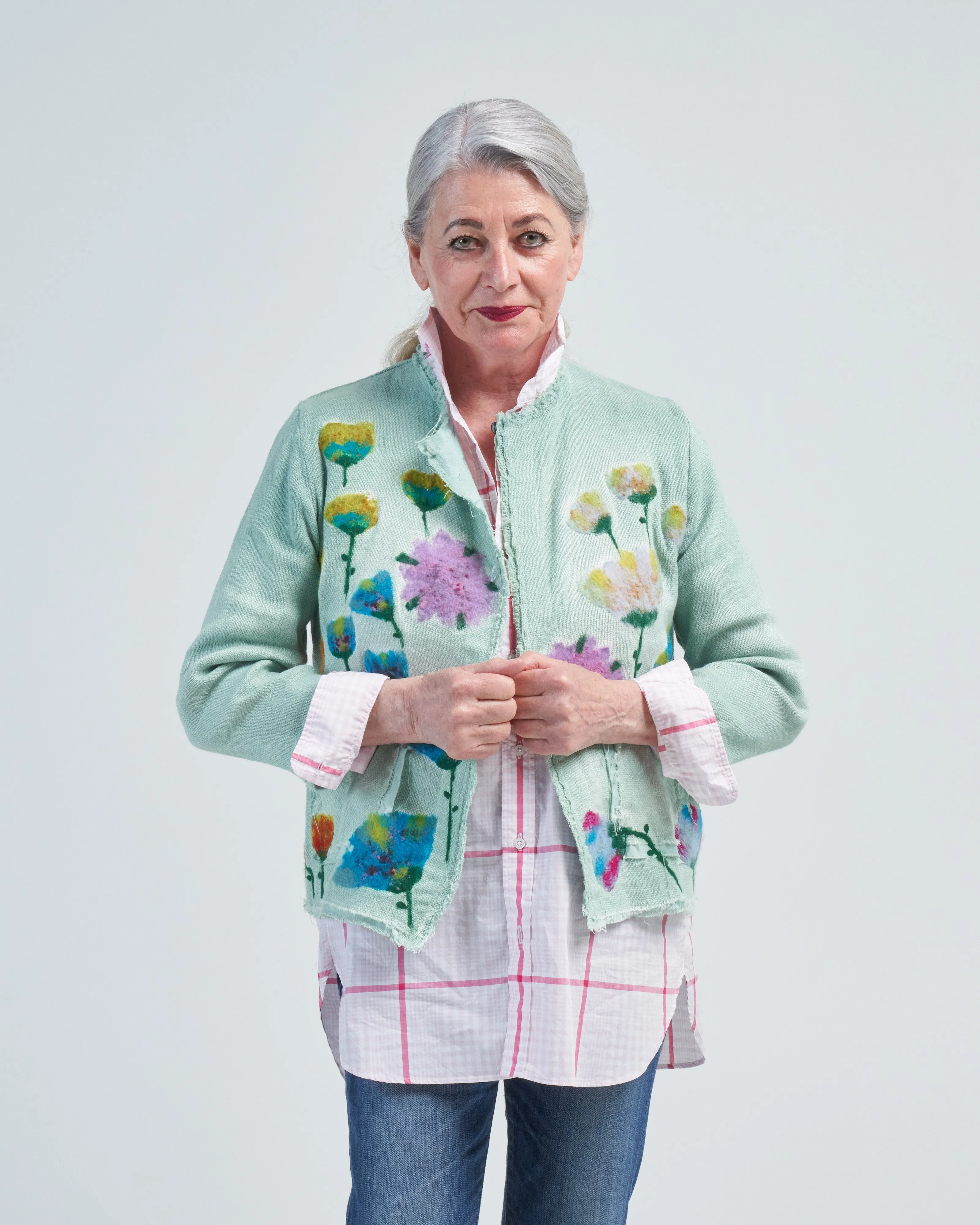 needle punch flowers micro mat stitch round neck jacket