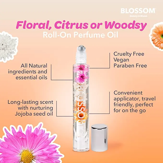 New Blossom Roll on Rollerball Perfume Oil with Natural Ingredients   Essential Oils, Infused with Real Flowers, Made in USA, 0.20 fl. oz./5.9 ml, (Peach, Jasmine, Rose, Gardenia, Sandalwood), Classic Island Hibiscus