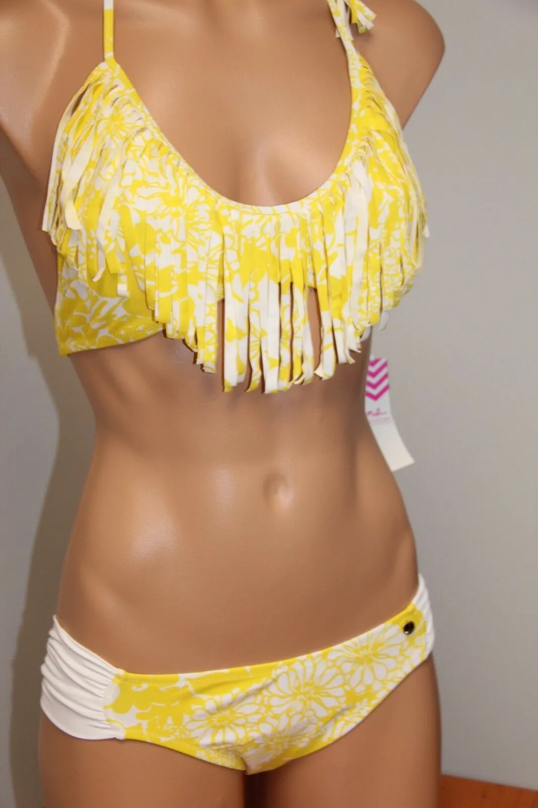 New with tags! Women's Raisins Swimsuit Bikini 2pc set Sz L Fringe Yellow Tropical Coca Beach! Retails $72 