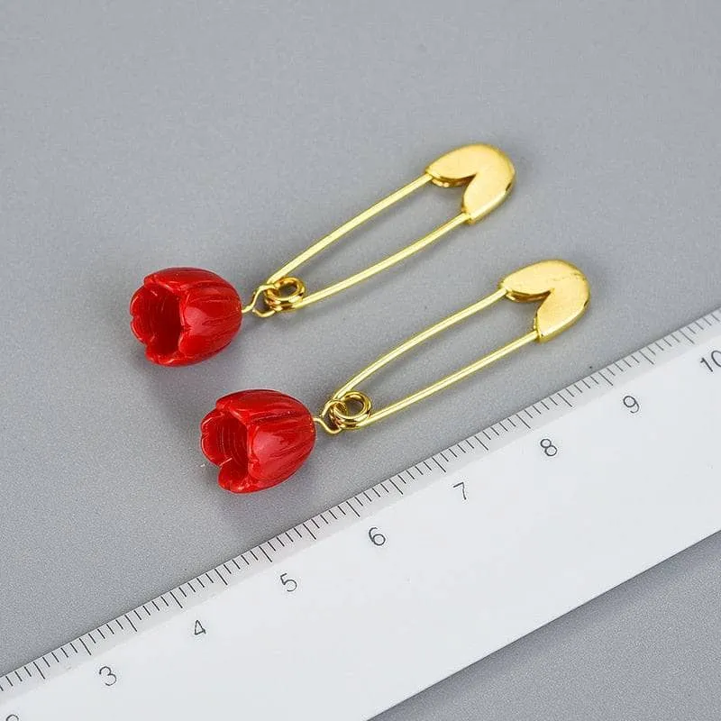 Pin Rose Flower Dangle Earrings