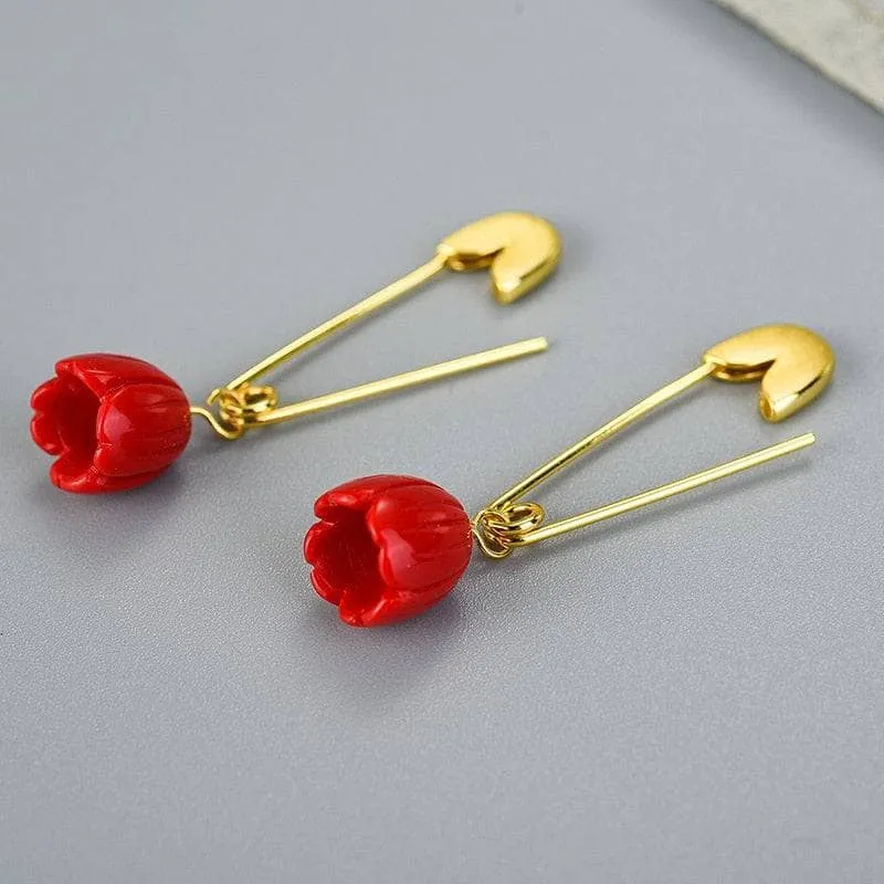 Pin Rose Flower Dangle Earrings