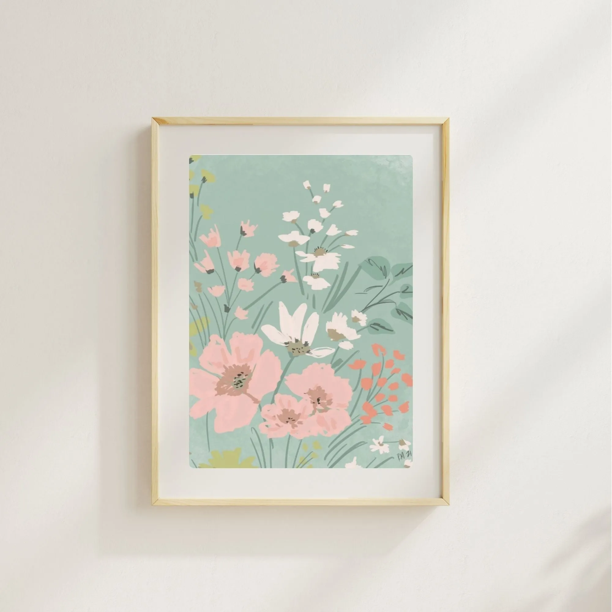 PINK & TEAL FLOWERS - Art Print