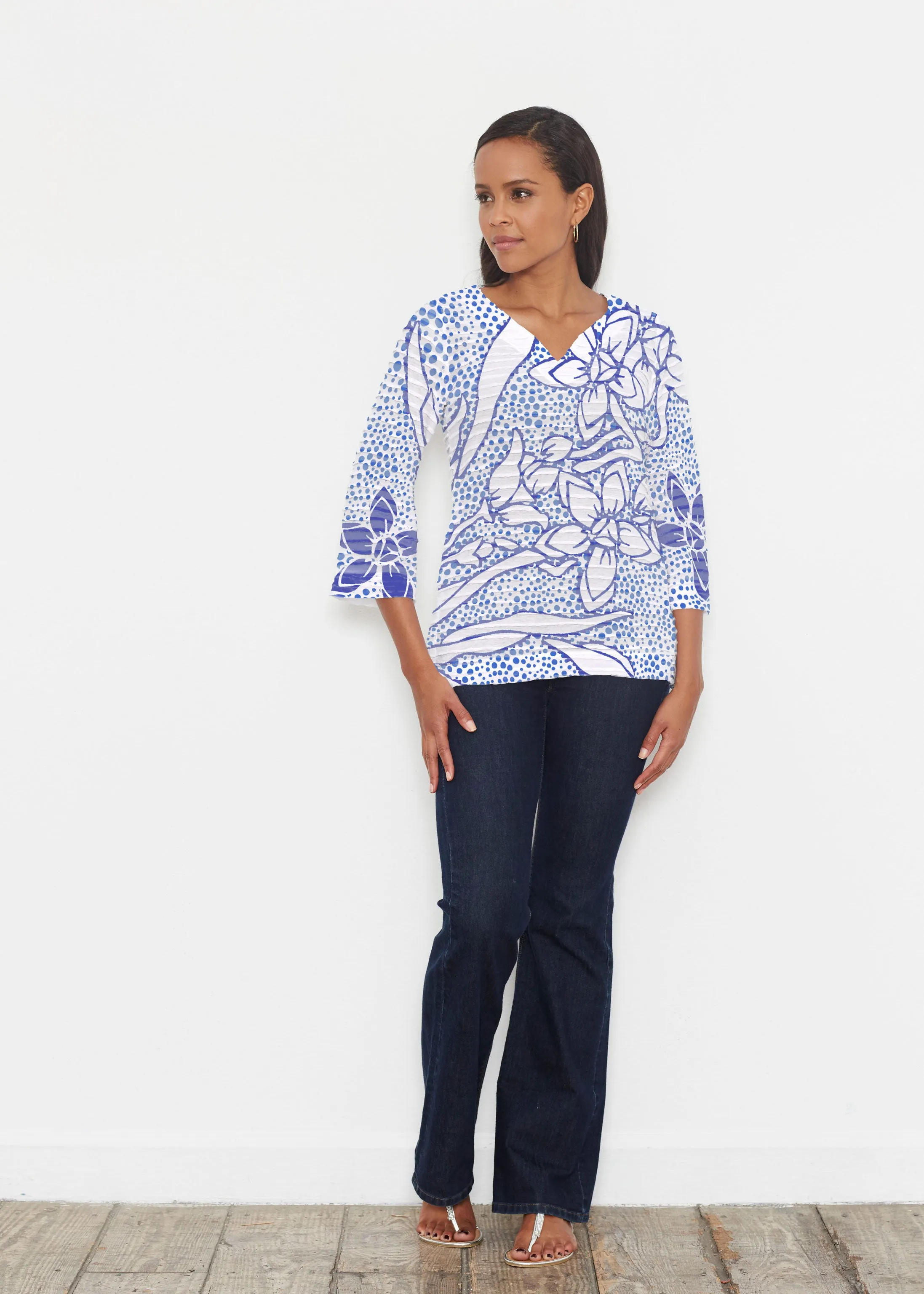Polka Vine (8111) ~ Banded 3/4 Bell-Sleeve V-Neck Tunic