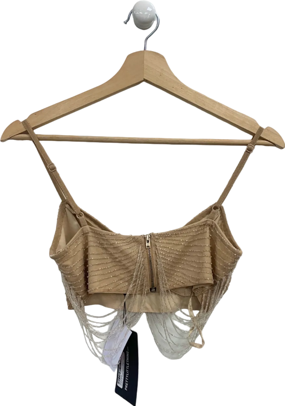 Pretty Little Thing Nude Premium Embellished Draped Bead Bralet UK 6