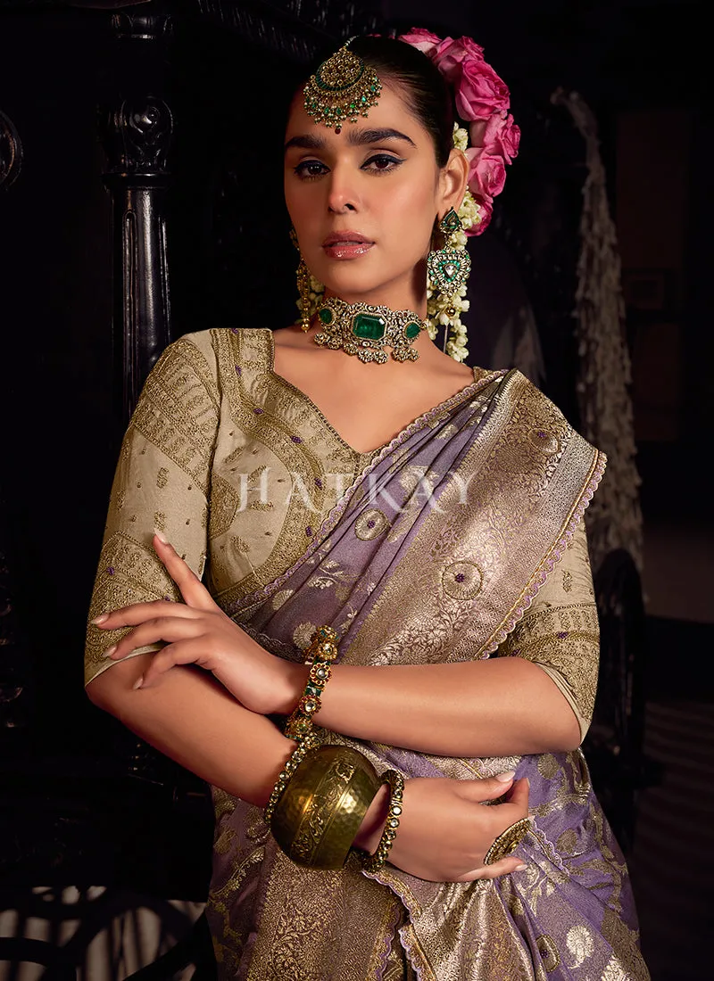 Purple And Beige Handwork Tissue Silk Saree