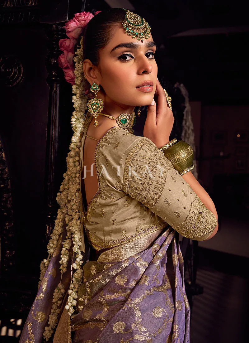 Purple And Beige Handwork Tissue Silk Saree