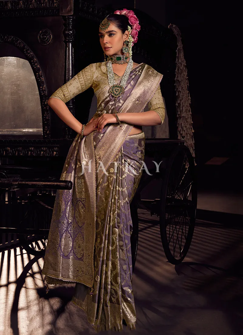 Purple And Beige Handwork Tissue Silk Saree