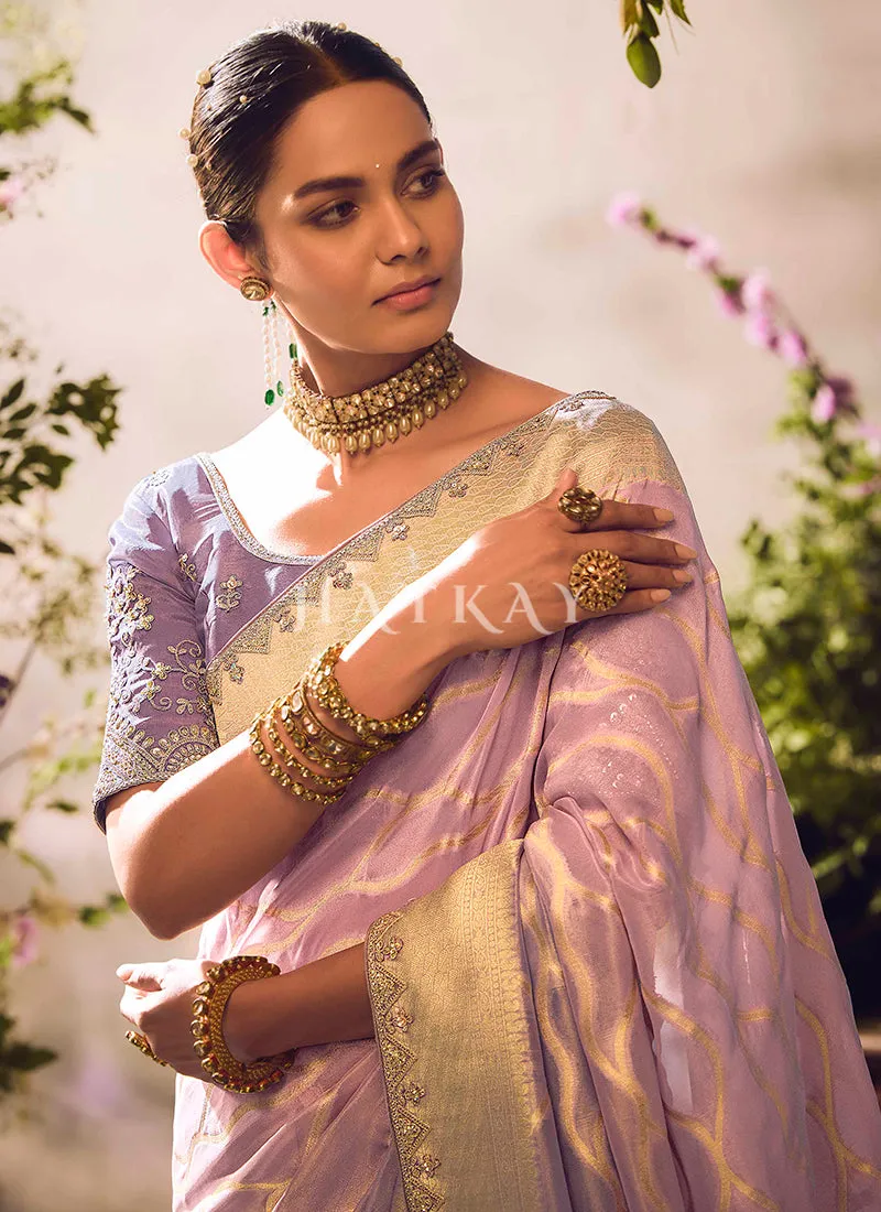 Purple Beige Ombré Embroidery Banarasi Saree