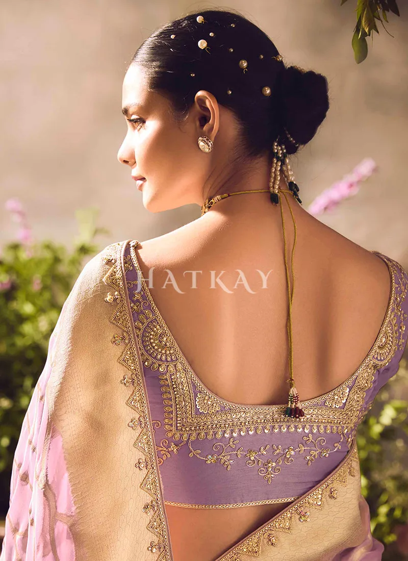 Purple Beige Ombré Embroidery Banarasi Saree