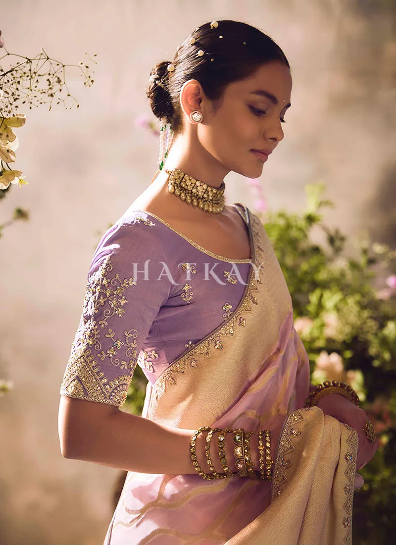 Purple Beige Ombré Embroidery Banarasi Saree