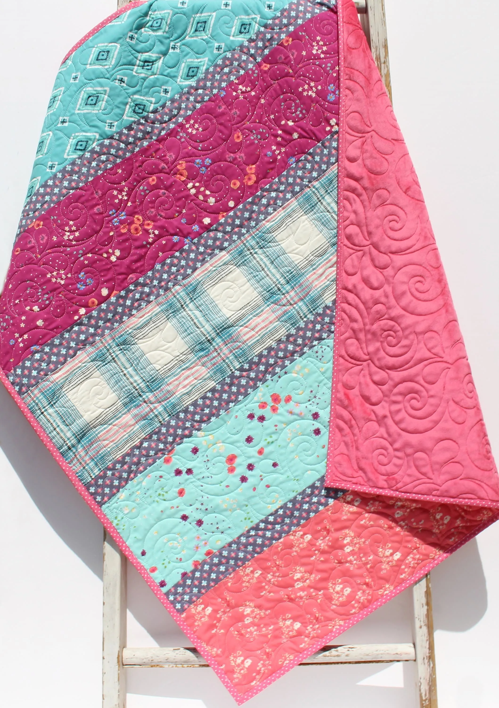 Quilt Kit, Striped Beginners, Bright Floral Plaid, Pink Purple Flowers, Projects for you to Make Baby or Toddler Teal Keepsake Gift Handmade