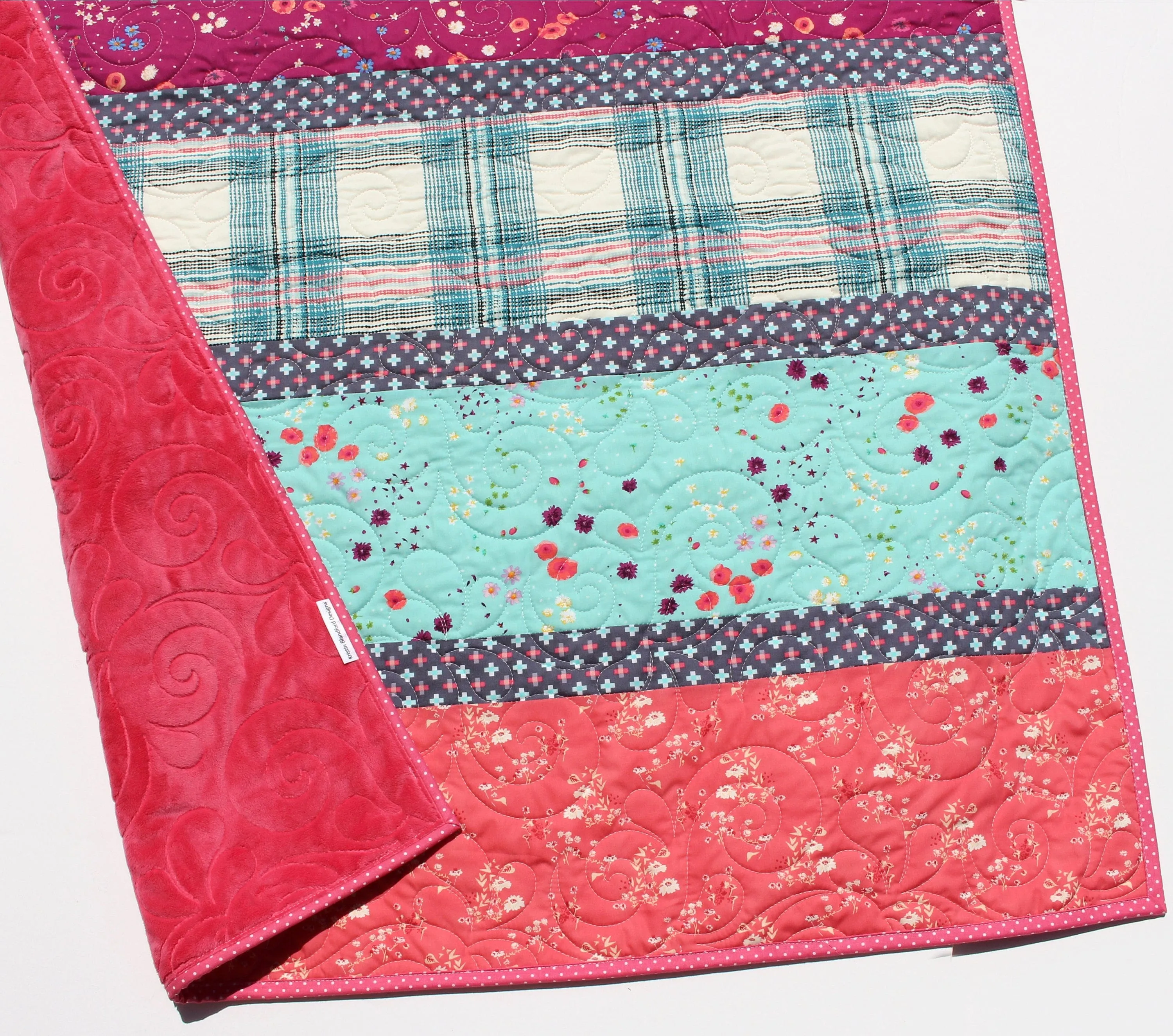 Quilt Kit, Striped Beginners, Bright Floral Plaid, Pink Purple Flowers, Projects for you to Make Baby or Toddler Teal Keepsake Gift Handmade
