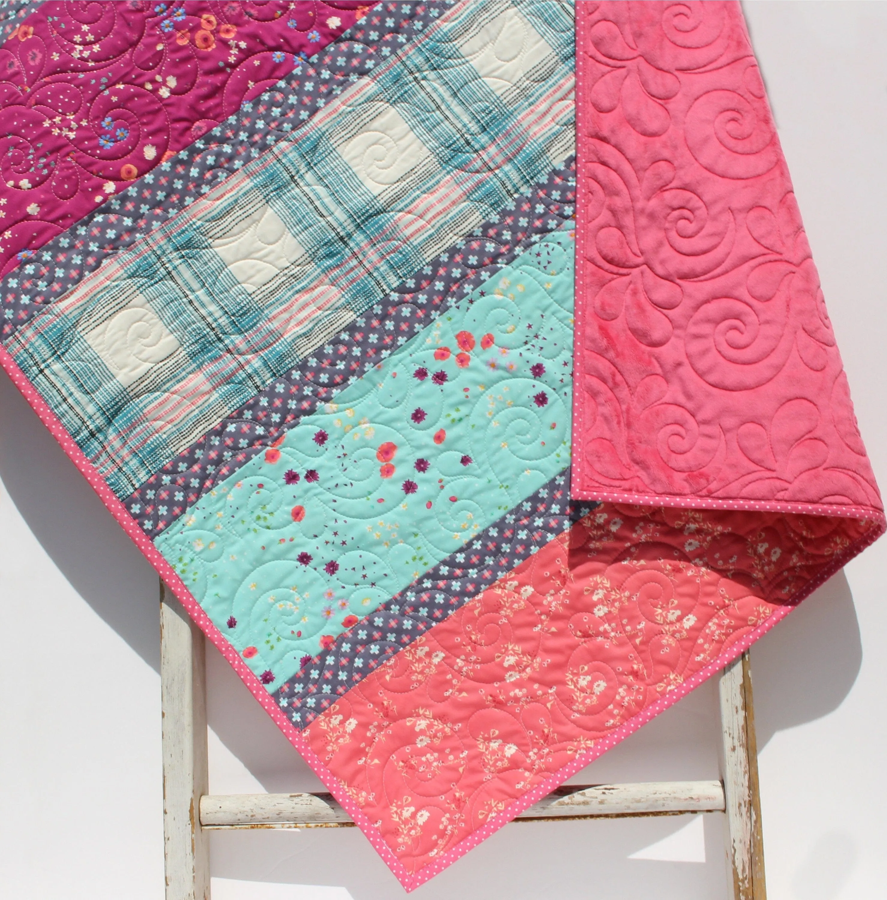 Quilt Kit, Striped Beginners, Bright Floral Plaid, Pink Purple Flowers, Projects for you to Make Baby or Toddler Teal Keepsake Gift Handmade