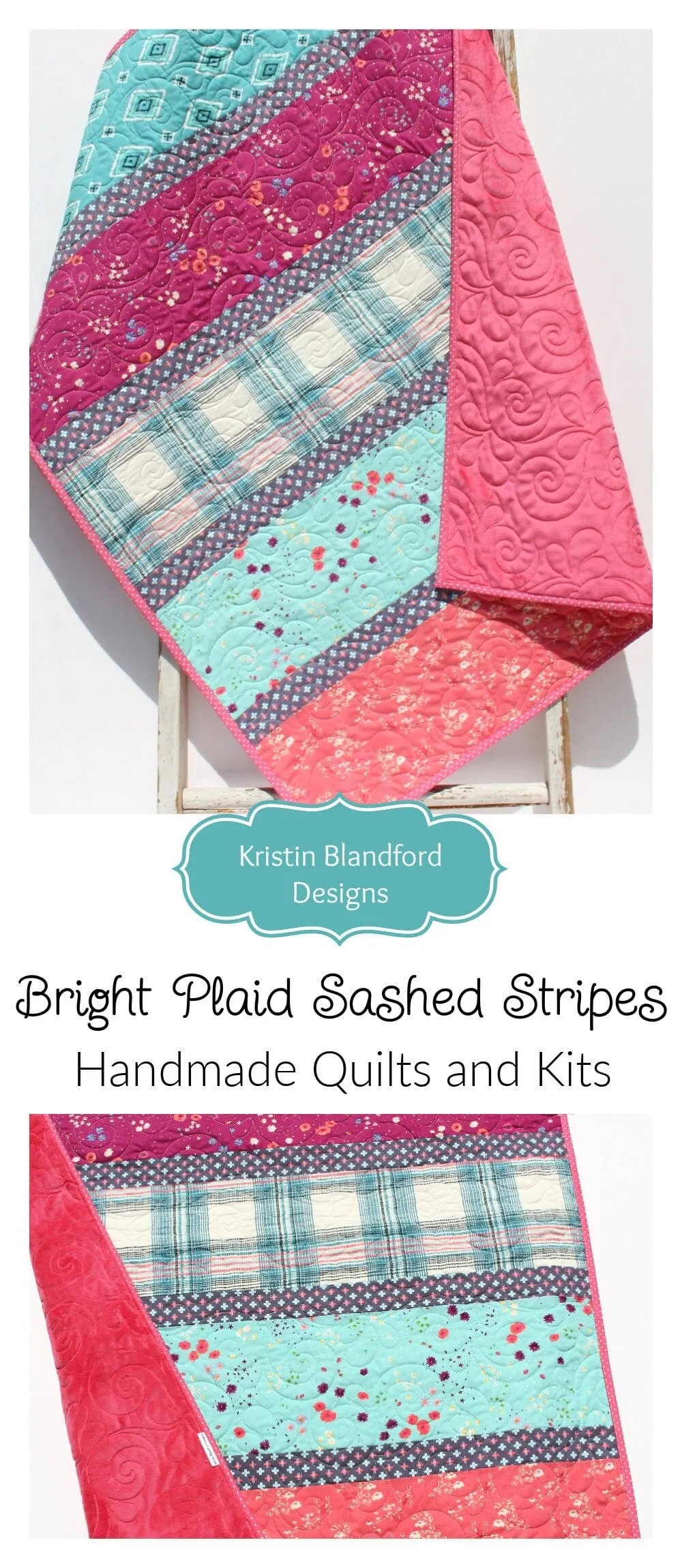 Quilt Kit, Striped Beginners, Bright Floral Plaid, Pink Purple Flowers, Projects for you to Make Baby or Toddler Teal Keepsake Gift Handmade