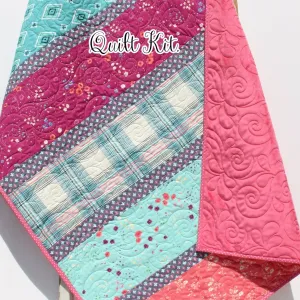 Quilt Kit, Striped Beginners, Bright Floral Plaid, Pink Purple Flowers, Projects for you to Make Baby or Toddler Teal Keepsake Gift Handmade