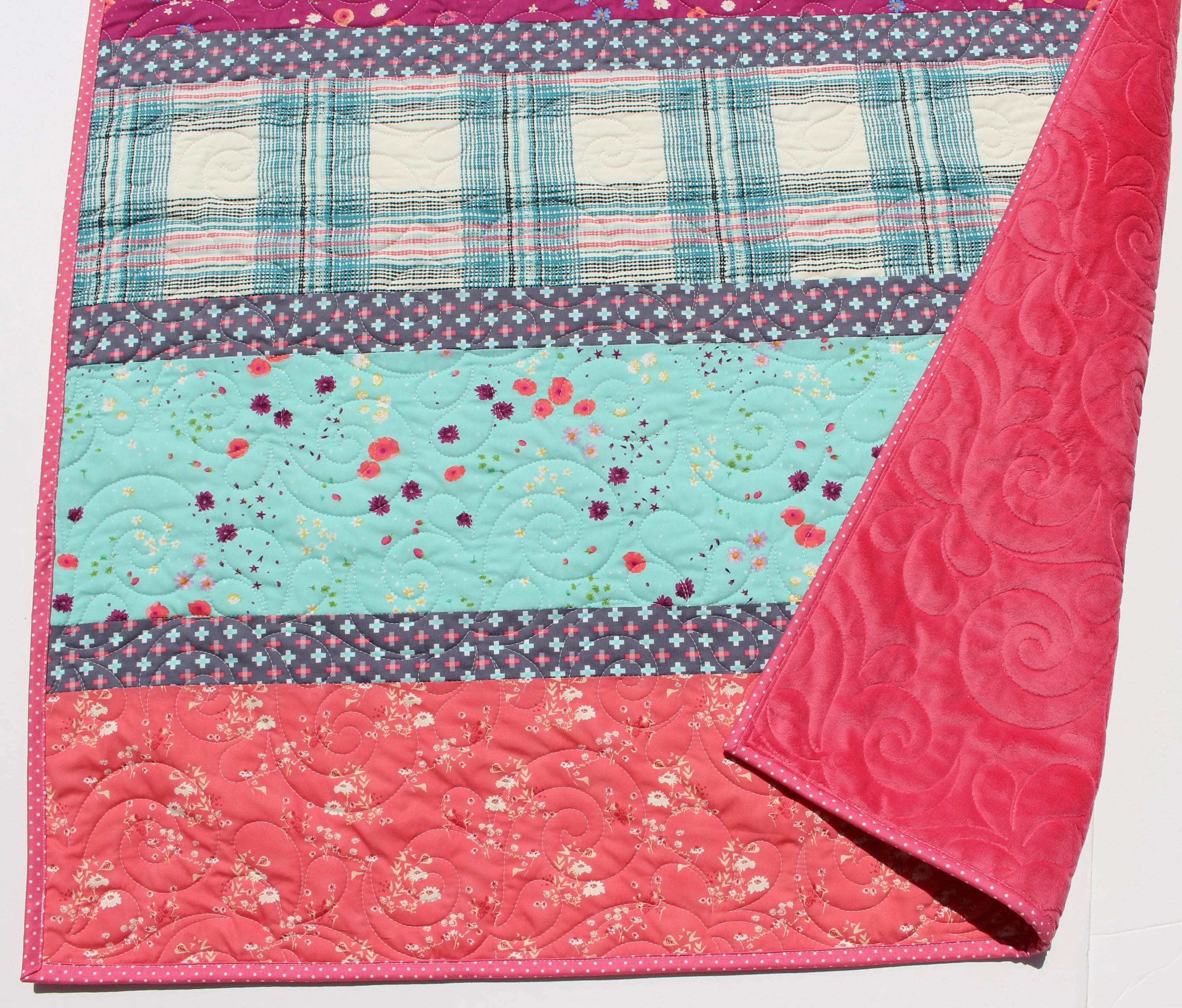 Quilt Kit, Striped Beginners, Bright Floral Plaid, Pink Purple Flowers, Projects for you to Make Baby or Toddler Teal Keepsake Gift Handmade